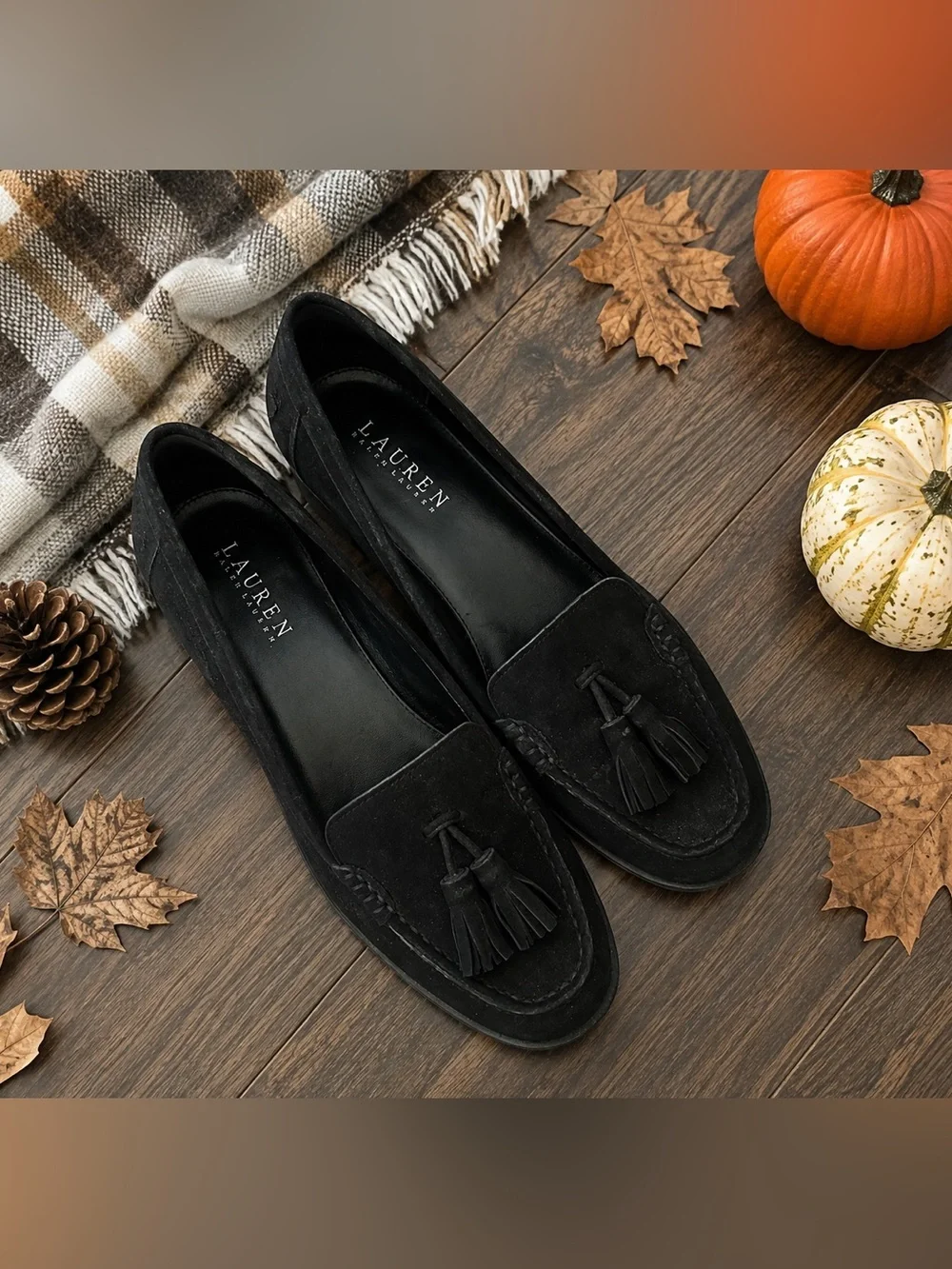 Lauren Ralph Lauren Women’s Black Suede Tassel Loafers Block Heel Size 8